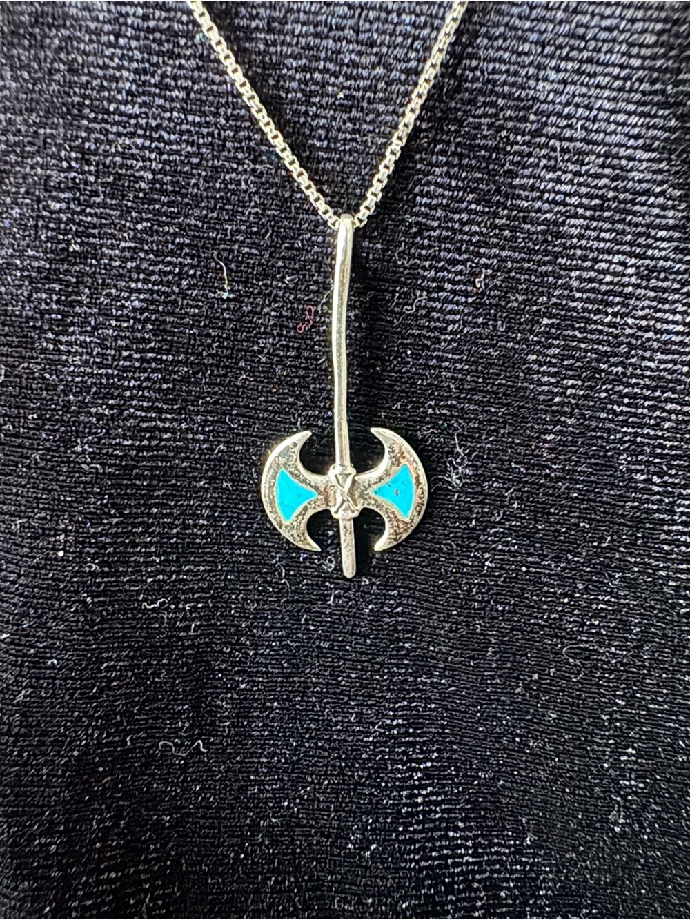 Turquoise Double Axe Silver Pendant Necklace